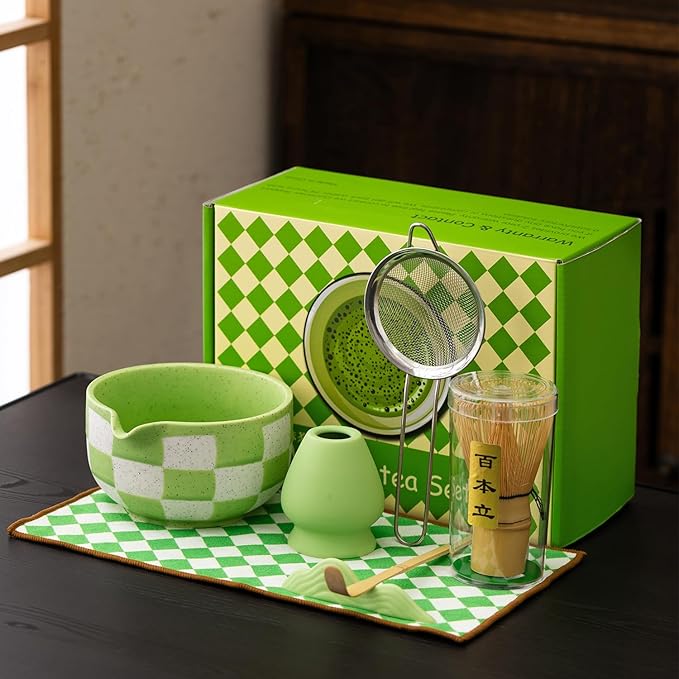 7pcs Traditional Matcha Tea Ceremony Set, green Ceramic Bowl with Bamboo Whisk, Holder and Strainer (Green grid) Elegant Matcha Set for Gifting and