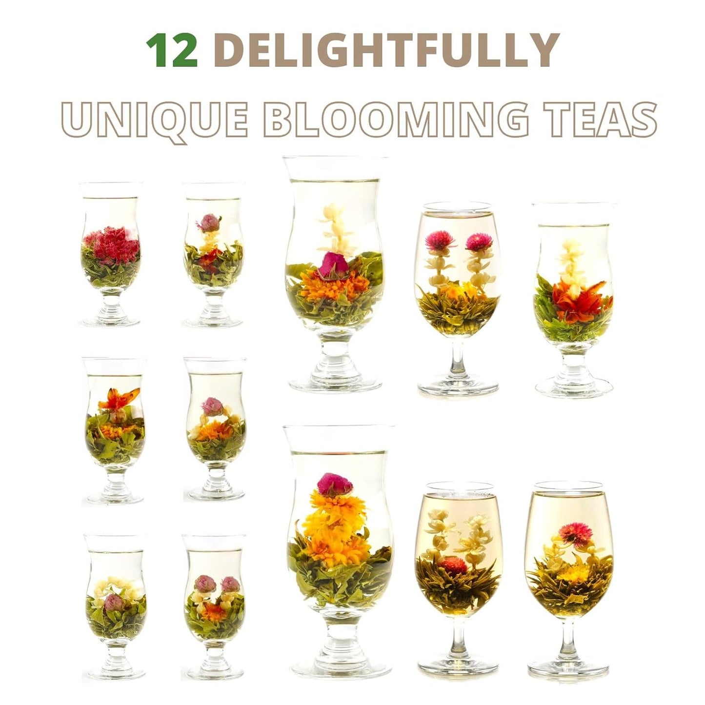12 Assorted Blooming Flower Tea Balls Gift Set for Christmas| Handmade Herbal Flowering Tea Balls Variety Individual Packing| Blooming Green Teas with Flowers for Teas Lovers, Anniversary, Valentine, Birthday