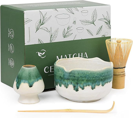 Pottery Matcha Set - Japanese Handcrafted Matcha Tea Bowl Mineral Glaze Bowl with Spout, Bamboo Whisk, Scoop & Chasen Holder
