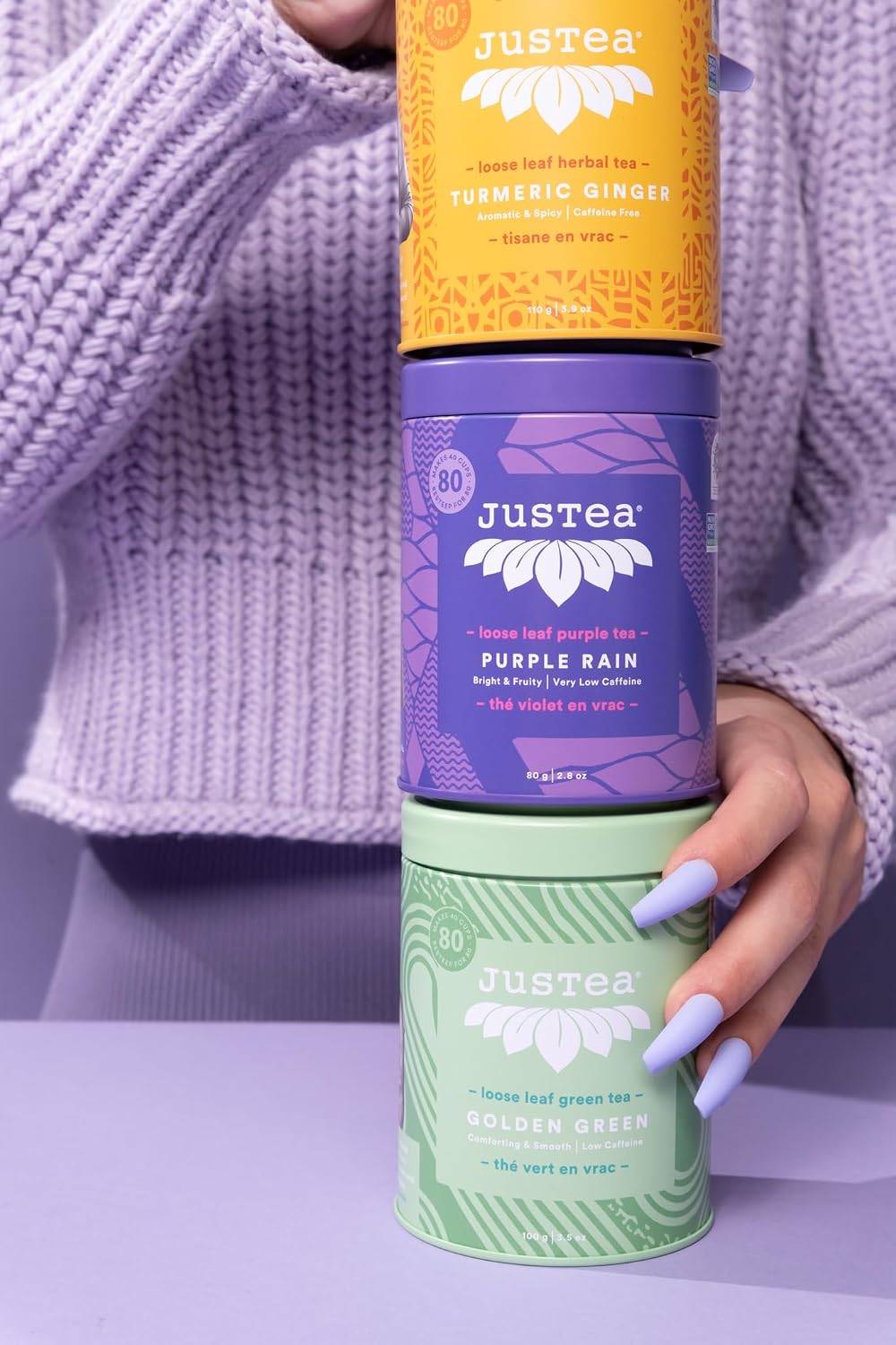 JusTea PURPLE RAIN Loose Purple Tea, 40+ Cups Tin with Spoon, 1/5 Caffeine
