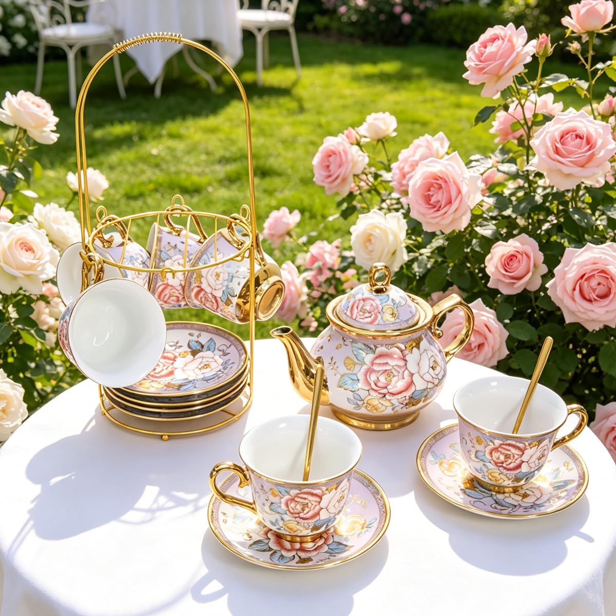 Gold-plated vintage red rose ceramic tea set, beautiful coffee tea pot set for 6 people