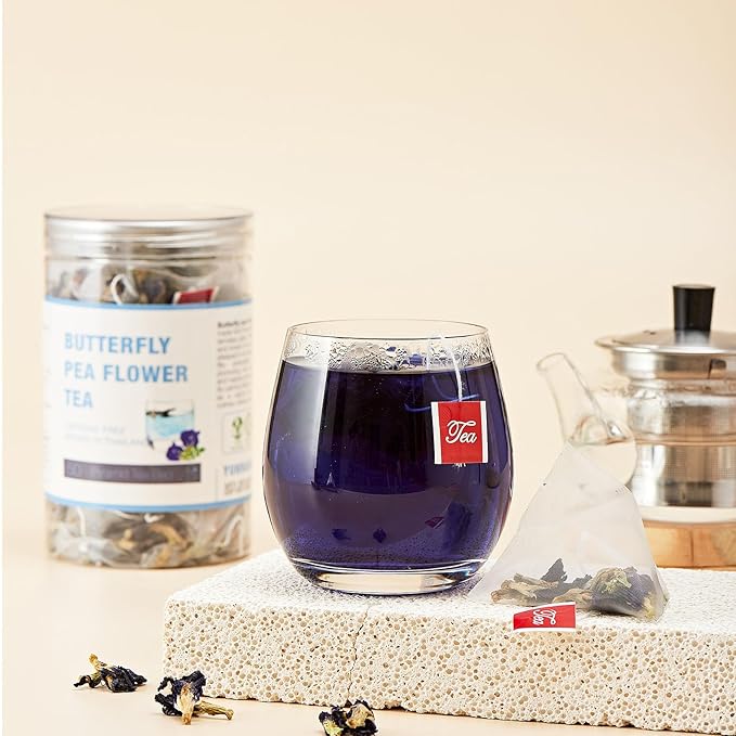 50 Dried Blue Butterfly Pea Flower Tea Bags, Thai Herbal Tea, Blue Purple Pea Tea, Caffeine-Free, Gluten-Free, Non-GMO, Ideal for Cooking, Iced Tea