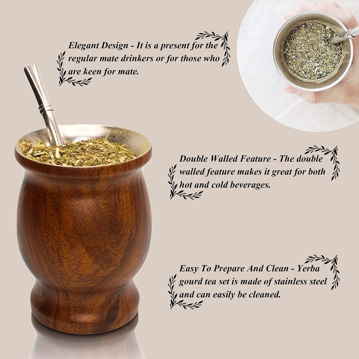 LA FEE Yerba Mate Natural Gourd/Tea Cup Set Brown (Original Traditional Mate Cup - 8 Ounces)，Includes Yerba Mate Straw &