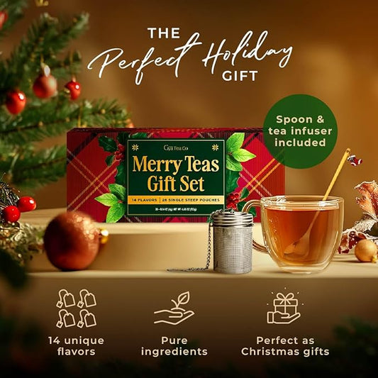 Gya Tea Co 14 Flavors Merry Tea Gift Set Variety Pack (28 Packs) - Assorted Loose Leaf Tea Sampler for Warm Holidays - Get Well Gifts With Infuser & Spoon