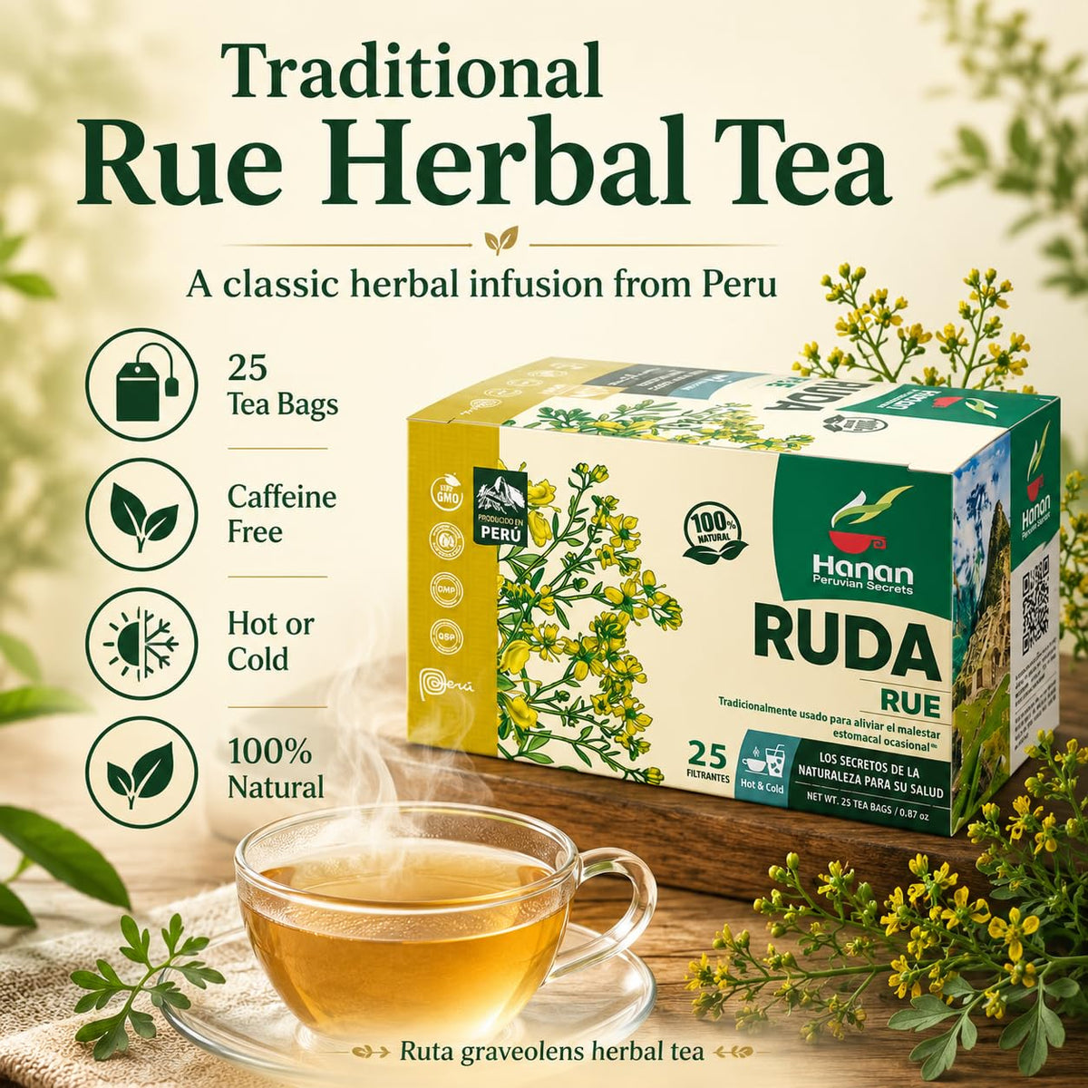 HANAN PERUVIAN SECRETS Hanan Te de Ruda Rue 25 Tea Bags for Relaxation & Well-Being, Ruta Graveolens, Natural Herbal Tea from