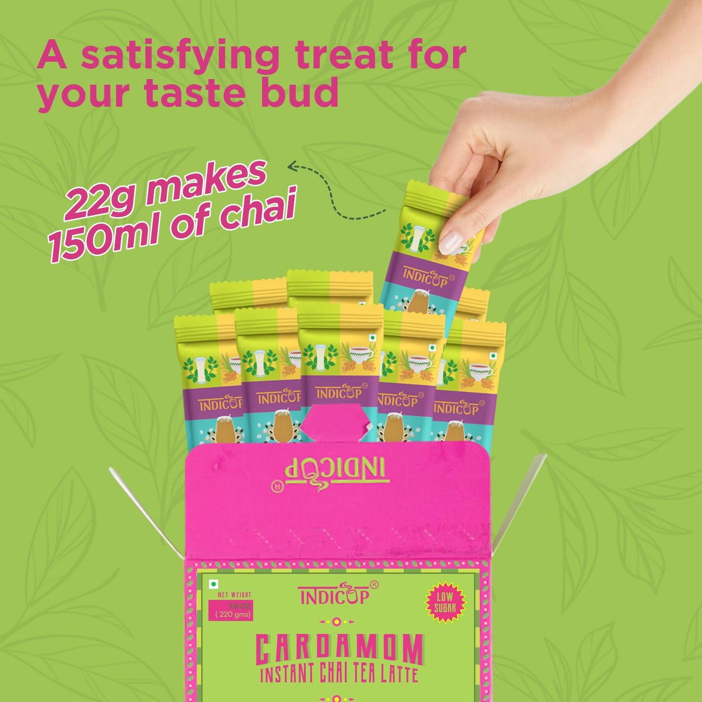 INDICUP Instant Chai Cardamom Tea Latte Diet | True Indian Taste | Just Add Hot Water | 10 Single Serve Sachets | 180g (6.35 Ounce)