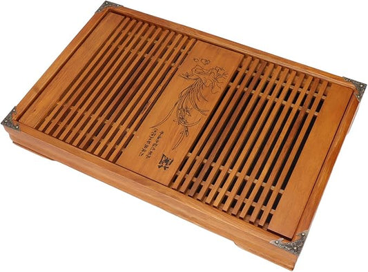 Gongfu Tea Tray, 11.0 X 16.9in Drainage Water Storage Orchid Pattern Wooden Tea Serving Tray, Tea Table Box with Drain Pipe (Light Black Orchid)