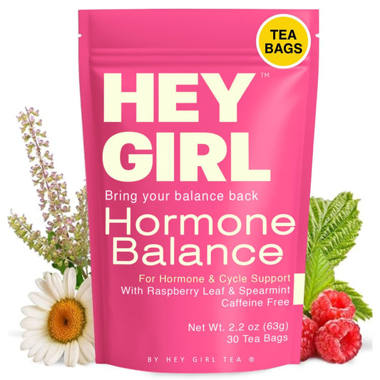 Hey Girl Hormone Balance Tea for Women, Spearmint &amp; Red Raspberry Leaf with Chamomile &amp; Ginger - Herbal PCOS Tea, Perimenopause, Cycle &amp; PMS Support, Caffeine Free, 30 Tea Bags