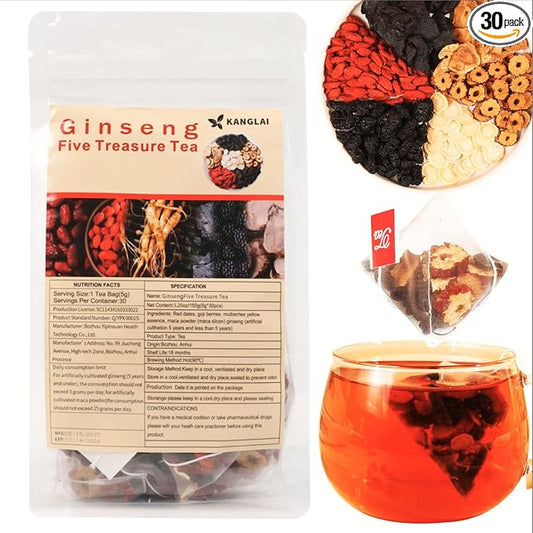 Ginseng Five Treasures Tea - 6 Precious Herbs Kidney Cleanse & Detox Tea, Traditional Chinese Organic Herbal Blend with Ginseng, Goji