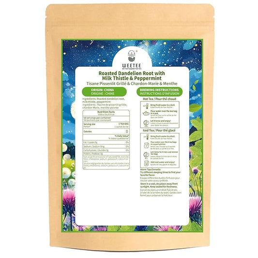 WT WEETEE Roasted Dandelion Root Tea with Milk Thistle and Peppermint, 50 Natural Caffeine-free Herbal Tea Bags