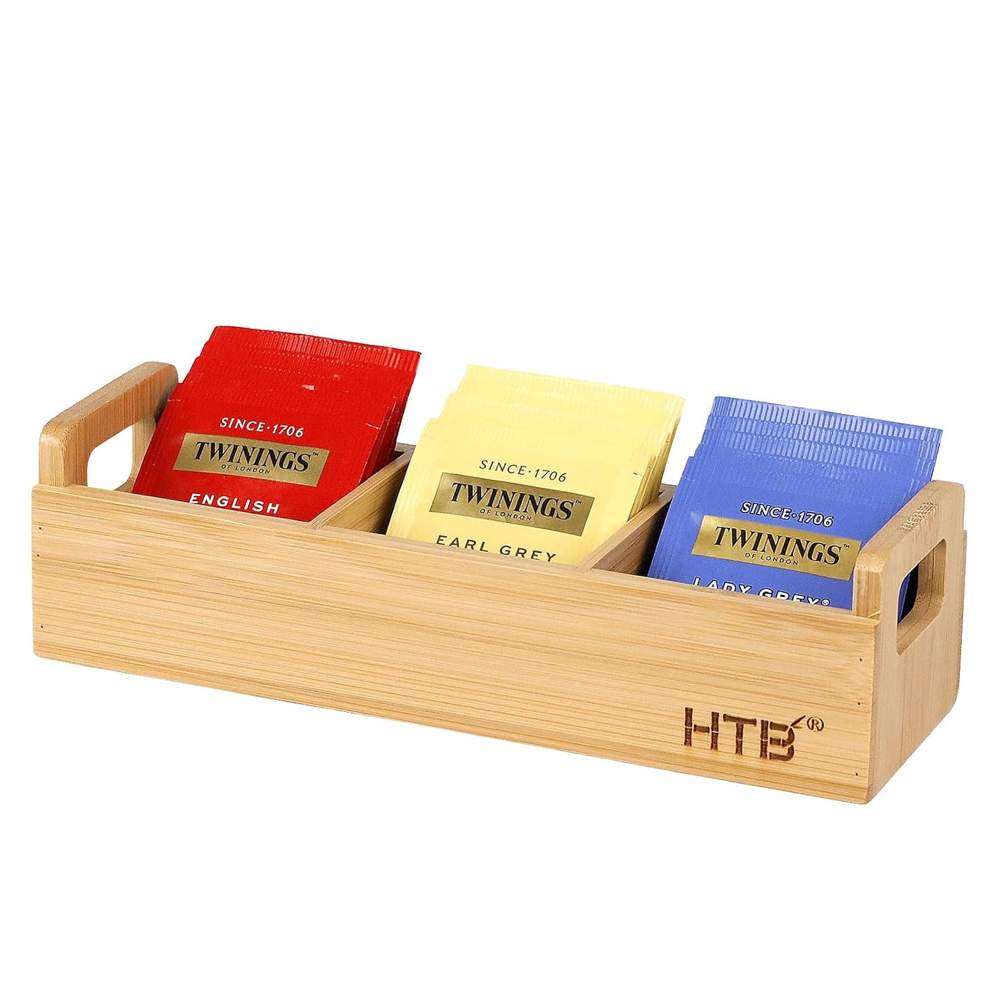 HTB Small Tea Bag Holder, Bamboo Tea Organizer 3 Compartments for Beverage Suppliers, Sugar, Sweeteners, Individual Packets