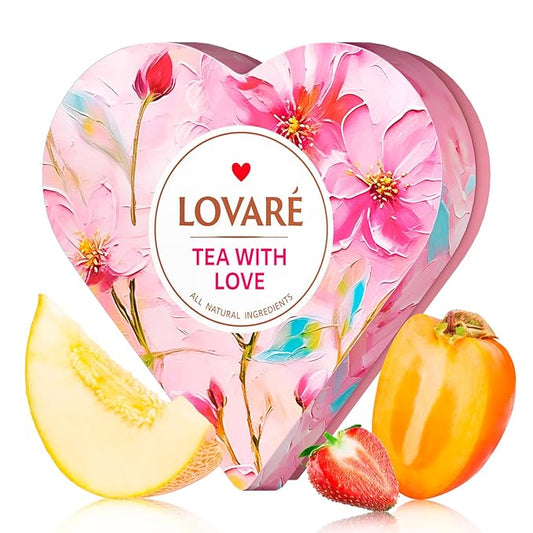 Tea Set By Lovare Made in Ukraine - Black and Green, Fruit, Peach Assorted Samplers - Fancy Variety of Packets - Gift Box For Flavored Tea Lovers Men & Women (Heart (34 Pyramids))