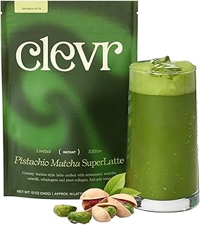 Clevr Pistachio Matcha SuperLatte, Organic Ceremonial Grade, Instant Superfood Powder Blend with Lions Mane, Reishi Mushroom, Coconut Cream, Ashwagandha, Serve Hot or Iced (14 Lattes)
