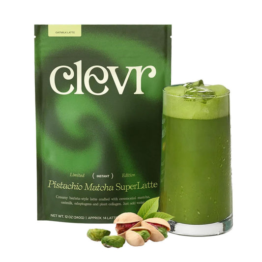 Clevr Pistachio Matcha SuperLatte, Organic Ceremonial Grade, Instant Superfood Powder Blend with Lions Mane, Reishi Mushroom, Coconut Cream