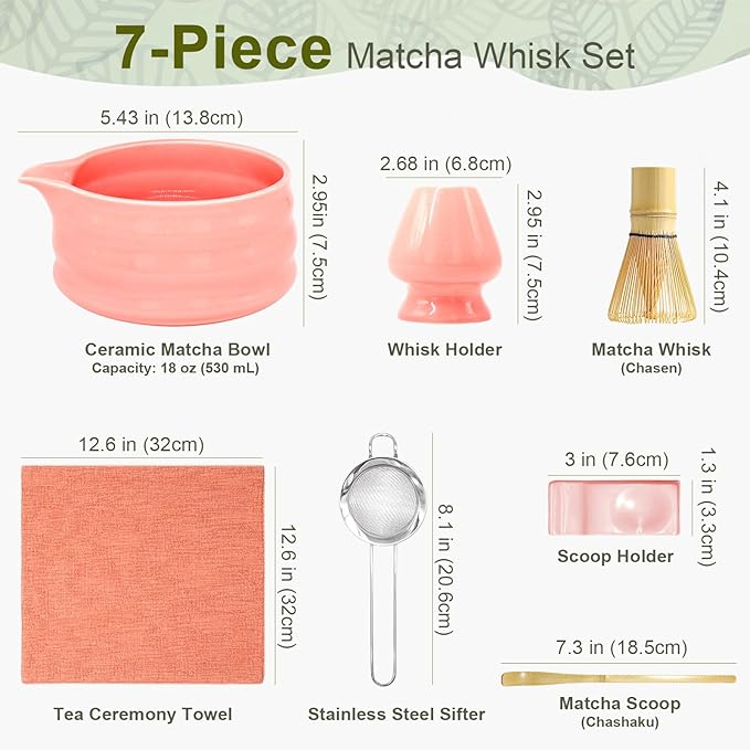 Artisan Ceramic Matcha Set, 7Pcs Japanese Matcha Whisk Kit with Playful Pink Glaze Bowl, Bamboo Chasen & Sifter - Elegant Tea Ceremony Gifts for Women, Premium Home Essentials (Pink)