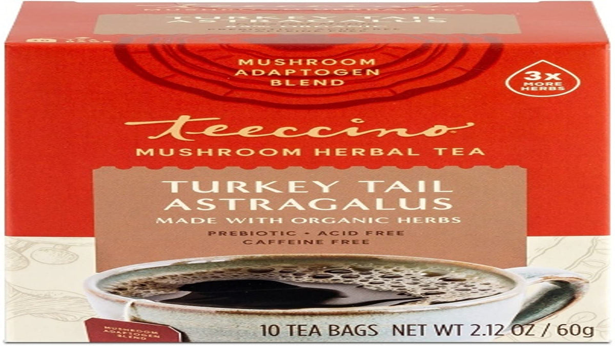 Teeccino Turkey Tail Astragalus - Toasted Maple - Caffeine Free Mushroom Adaptogenic Herbal Tea, 3x More Herbs than Regular