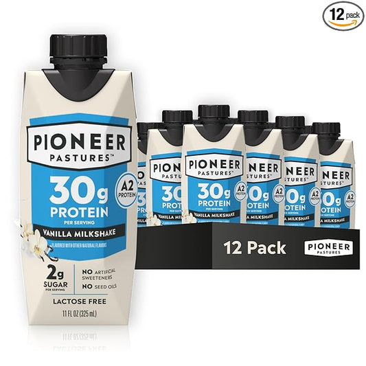 Pioneer Pastures - High Protein A2 Milkshakes - Vanilla - A2 Nutritional Milk, 30g Protein, 2g Sugar, No Sweeteners, No Seed Oils - All-Natural