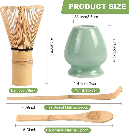 Matcha Whisk Set (4pcs, Bamboo, Green) - Japanese Matcha Whisk, Chasen, Whisk Holder, Tea Scoop, Tea Spoon