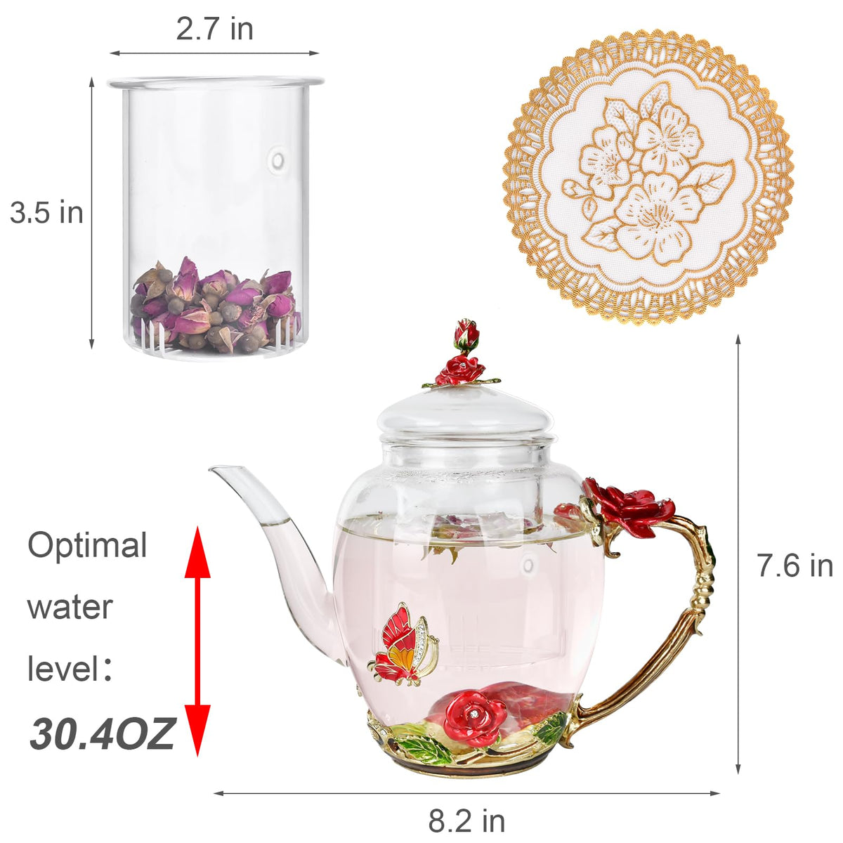 OEAGO Enamel Glass Flower Tea Pot 30.4OZ Birthday Gifts for Women Mom