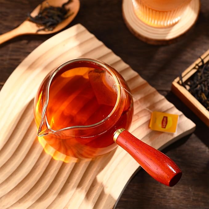 Healifty Glass Tea Pitcher with Wooden Handle and Infuser Thick Borosilicate Glass Dispenser Cup for Loose Leaf Tea Easy-pour Spout for Office Home