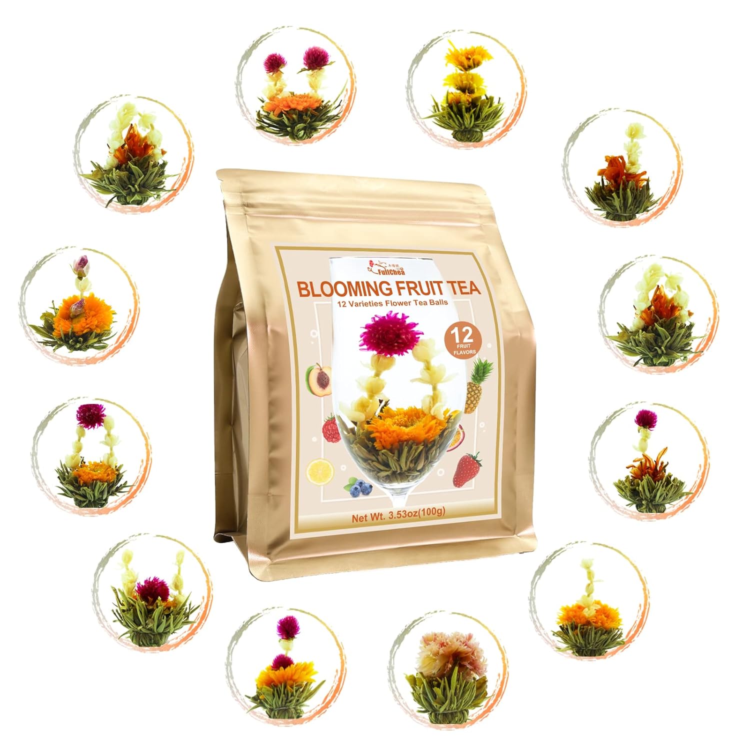 FullChea - Blooming Flowering Tea, 12 Unique Varieties - Flowering Tea in 12 Delicious Fruit Flavors - Gift For Tealovers, Christmas, Anniversary, Valentine, Birthday