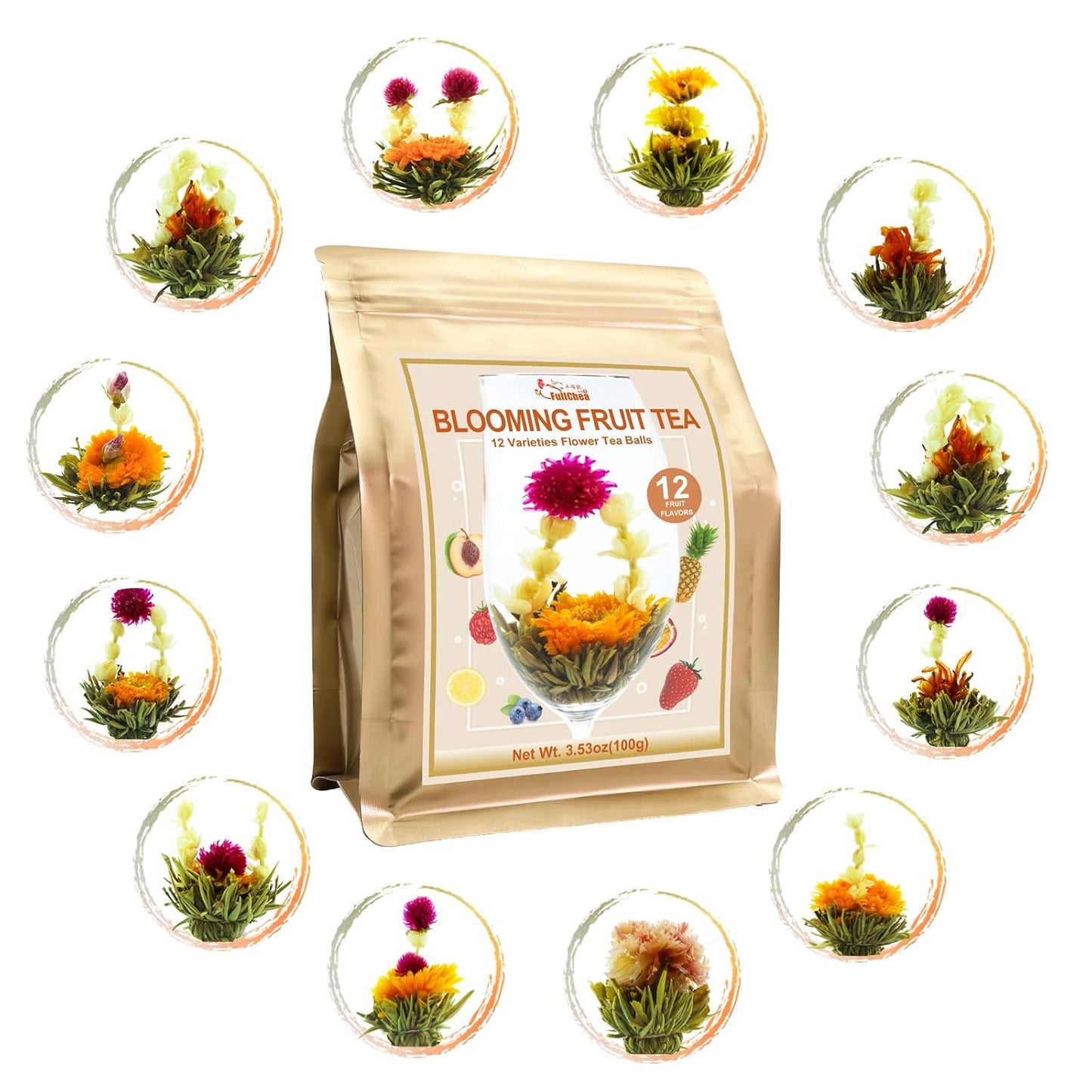 FullChea - Blooming Flowering Tea, 12 Unique Varieties - Flowering Tea in 12 Delicious Fruit Flavors - Gift For Tealovers, Christmas, Anniversary