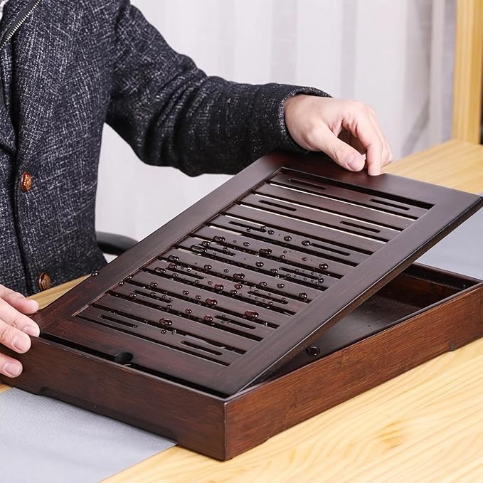 XL Size Bamboo Chinese Tea Tray - 15.6 x 10.9 inch Japanese Tea Serving Tray, Gongfu Tea Table Set with Reservoir Type Water Storage Box Kong Fu Tea Tray