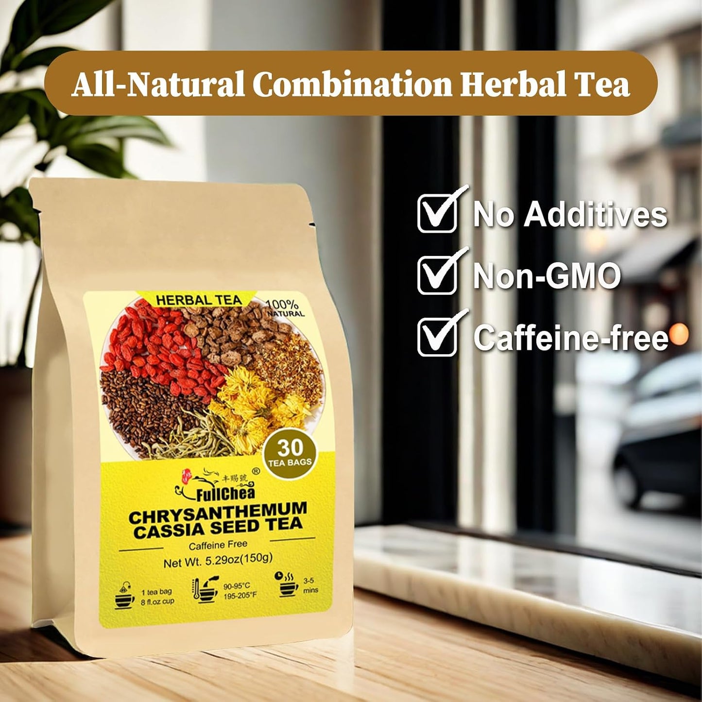 FullChea - Chrysanthemum Cassia Seed Tea, 30 Count, Herbal Blend Tea | Herbal blend with burdock root, goji berries, osmanthus and honeysuckle for a balanced daily tea routine