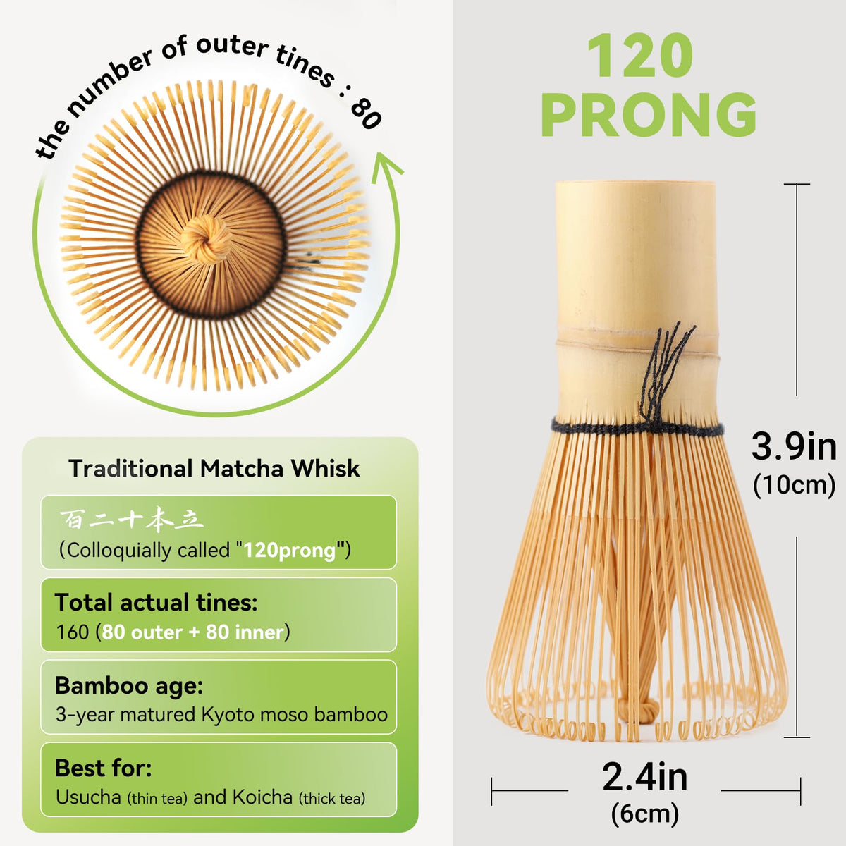 SHONMISEN Bamboo Matcha Whisk, 120prong（80+80tines） Traditional Japanese Chasen for green Tea,Handcrafted Matcha Stirrer Wisk