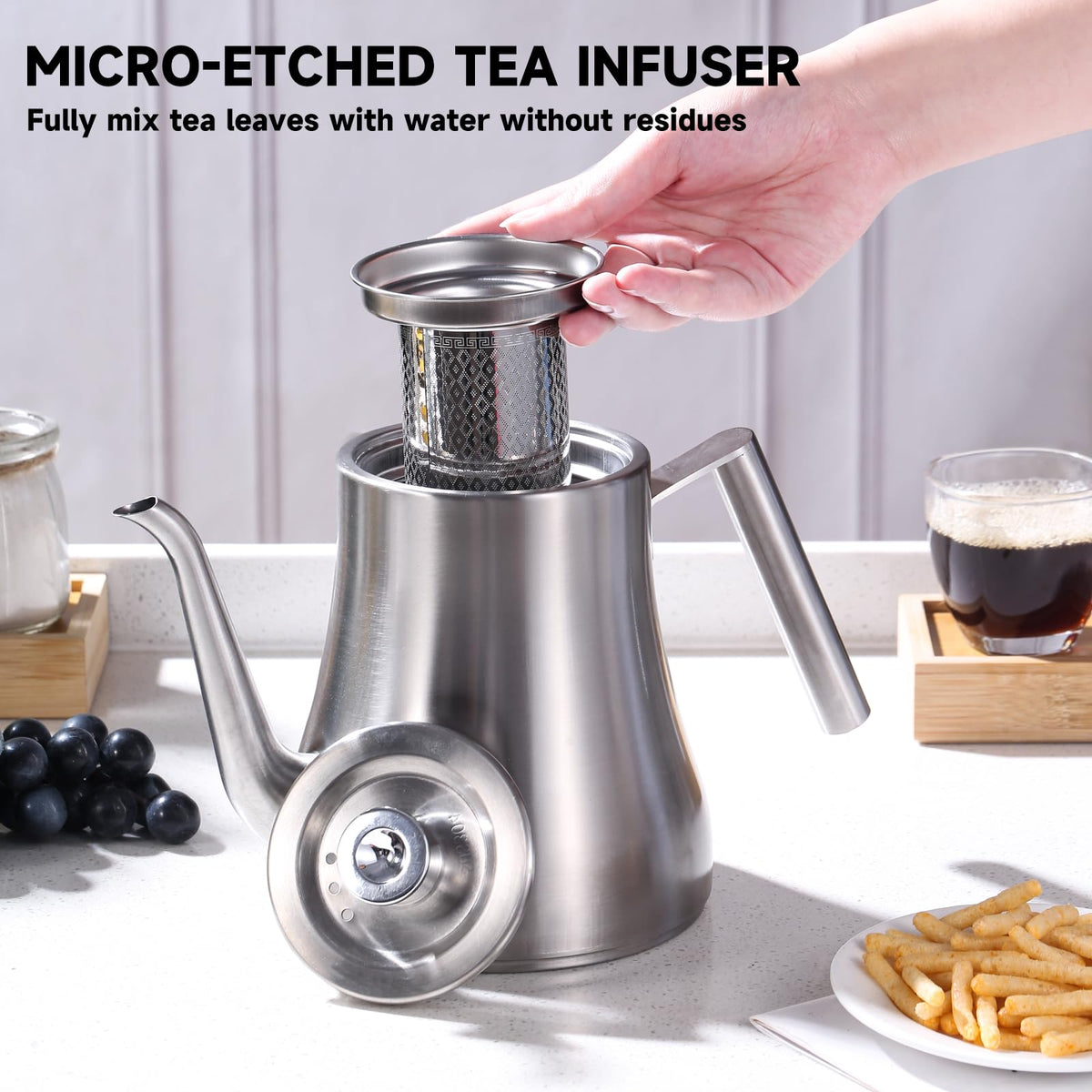GURUDAR 68OZ/2000ML Stainless Steel Teapot with Removable Infuser, Stovetop & Dishwasher Safe Tea Maker Water Kettle for