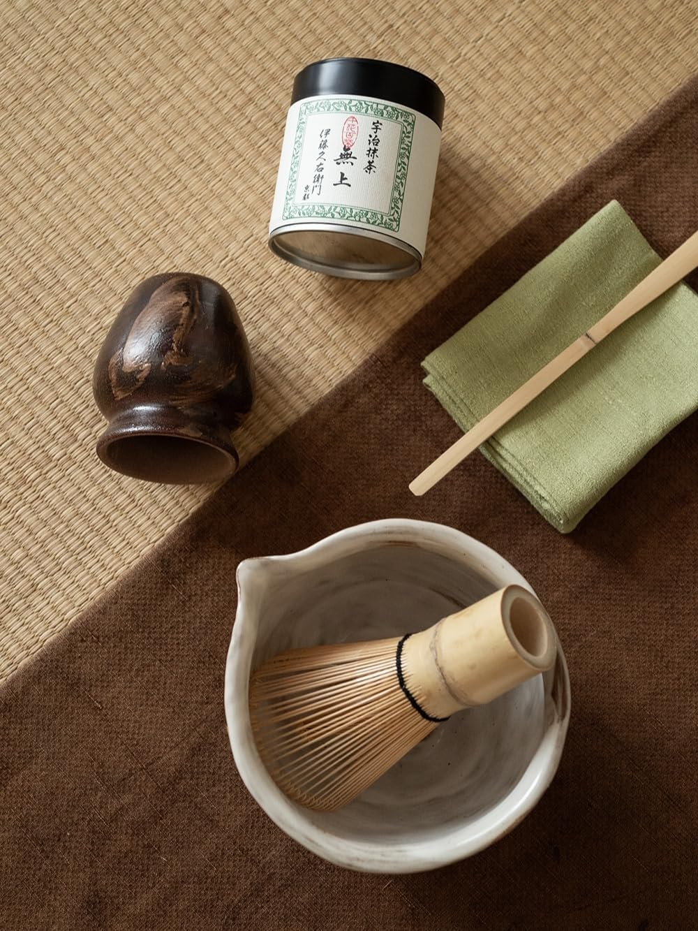 Matcha Set with Handmade Ceramic Bowl &amp; Bamboo Whisk, Dark Brown,6-Pc | Matcha Whisk Set, 16.9 Oz Ceramic Bowl with Spout, Bamboo Whisk, Holder, Scoop, Sifter and Tea Cloth, Matcha Kit for Ceremony