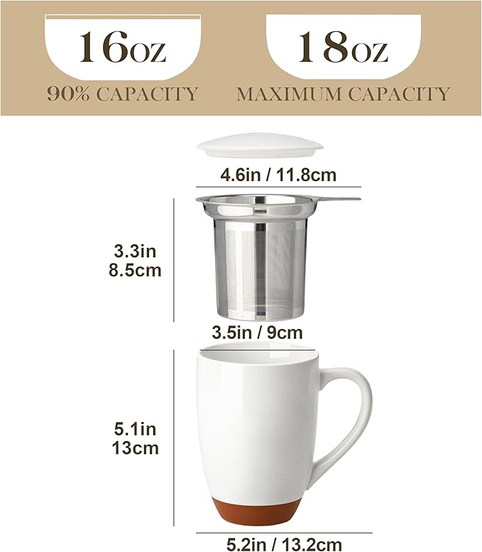 Malacasa Ceramic Tea Mug with Lid and Stainless Steel Infuser, 18 oz Large Tea Cup for Loose Leaf Tea, Heat-Resistant, Microwave & Dishwasher Safe