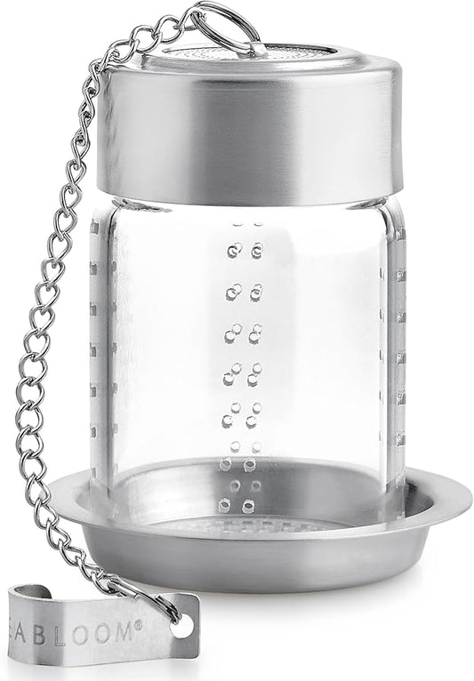 Teabloom Puresteep Glass Tea Infuser with Lid & Drip Tray – Non-Toxic Borosilicate Glass Loose Leaf Steeper with Stainless Steel Chain – Small or Large Size