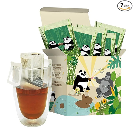 Premium Black Oolong Tea Drip Bags Gift Set, Toasted Flavor, Hanging Ear Style Tea Bags, 7 Count Box with Panda Design