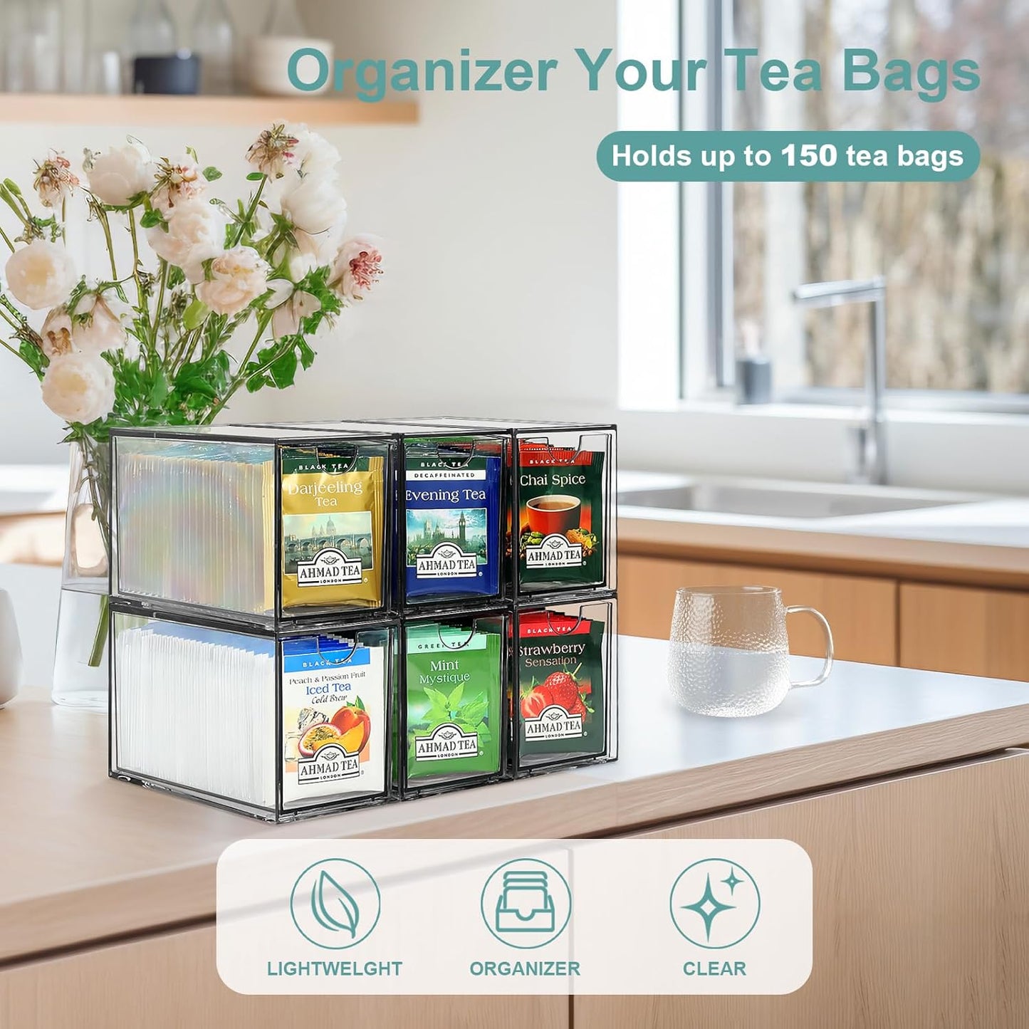 LANLISA Acrylic 6 Pack Tea Bag Organizer and Storage | Tea Bag Holder Organizer, Plastic Tea Drawer Container, For Cabinet