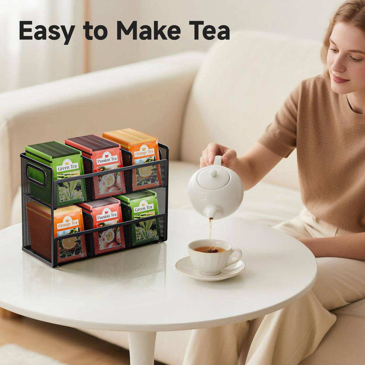 Volmop 2 Tier Tea Bag Organizer, Mesh Tea Bag Holder with Handle, Teabag Holder, Tea Station Organizer for Countertop
