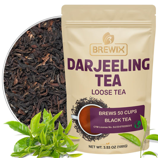 Brewix, Darjeeling Tea Leaves from Hills of Himalayas (50+ Cups, 3.53oz/100g), Pure Loose Leaf Darjeeling Black Tea, Long Leaf Grade