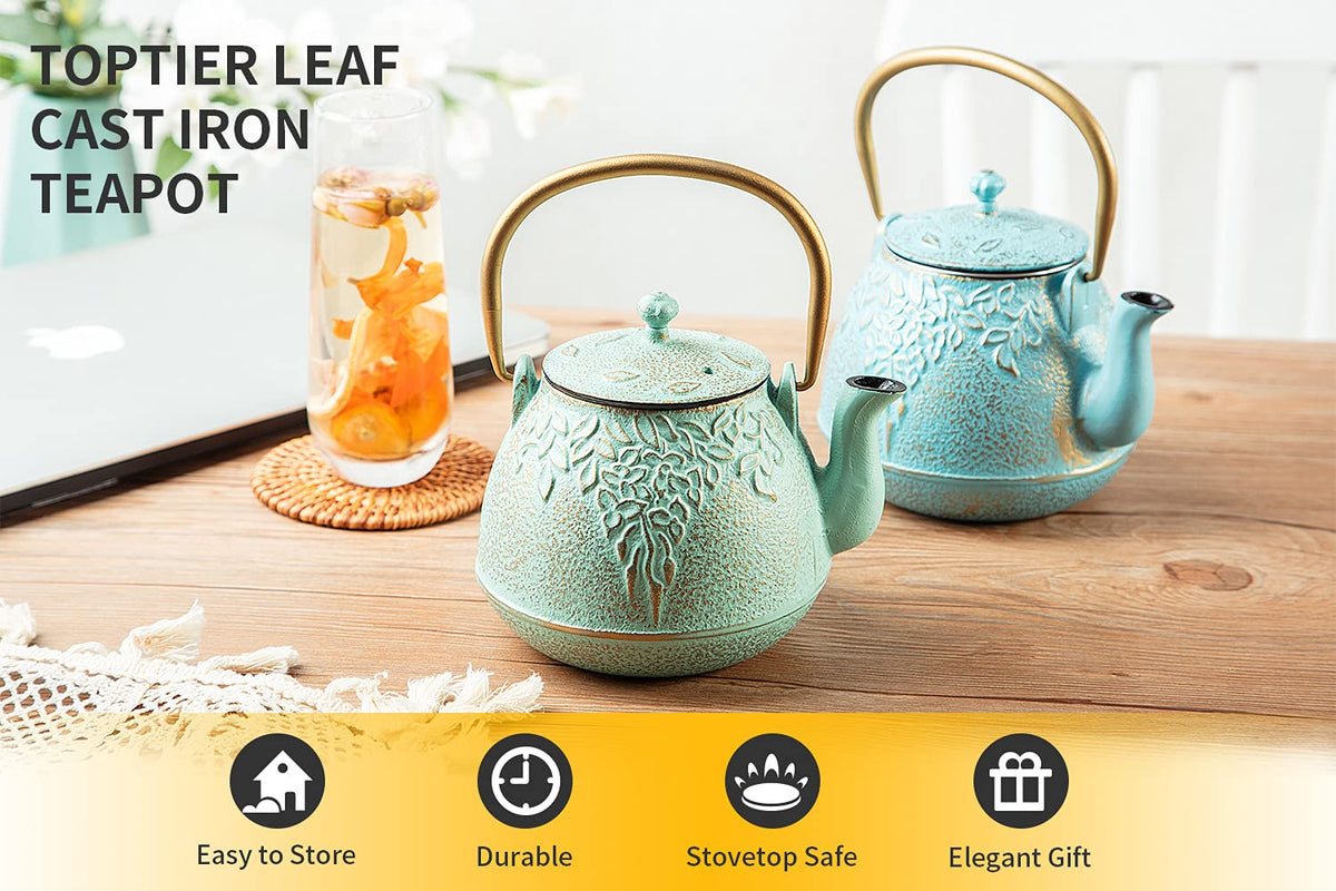TOPTIER Japanese Teapot with Stainless Steel Infuser, Cast Iron Tea Kettle Stovetop Safe, Leaf Design Coated with Enameled