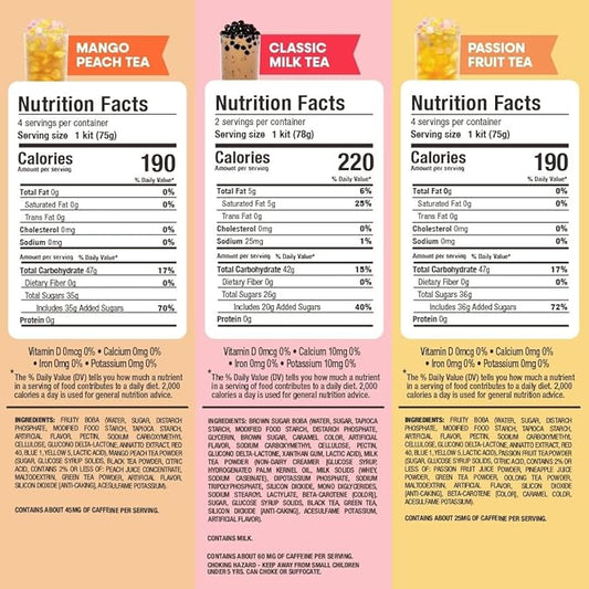 Boba Bundle Kit 10 Serv. Instant Bubble Pearl Variety Milk Tea Kit with Authentic Brown Sugar Tapioca Pearls by Yulu Foods - Ready in Under 1 Minute, Includes Paper Straws - Gift Box, Holiday (Classic, Mango Peach, Passionfruit)