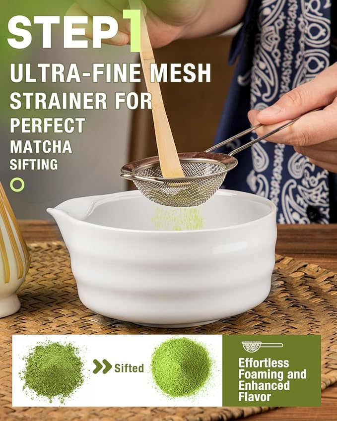 White Matcha Whisk Set - 5PCS Matcha Set Includes 17OZ Chawan with Spout, Bamboo Chasen Whisk with Ceramic Holder, Mat cha Scoop and Stainless Sifter, Matcha Kit for Ceremony, Gift for Matcha Lovers