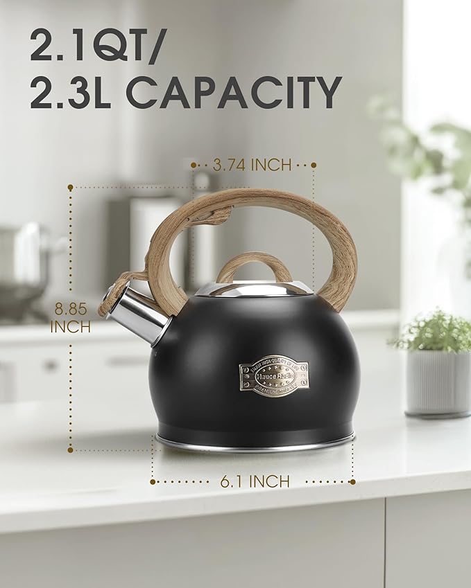 Tea Kettle Stovetop, Black Tea Kettles-2.1 Quart Loud Whistle Stovetop Teapot,Food Grade Stainless Steel with Wood Pattern Handle