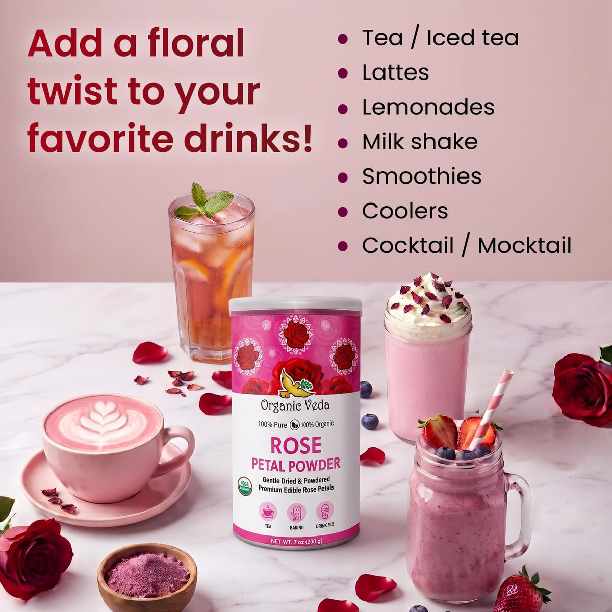 Organic Veda Rose Petals Powder - USDA Organic Edible Dried Rose Petals for Tea, Baking, Drink Mix, DIY Beauty Skin Care, Hair &amp; Face Mask - 100% Pure Rose Powder for Culinary &amp; Aromatherapy, 7 oz