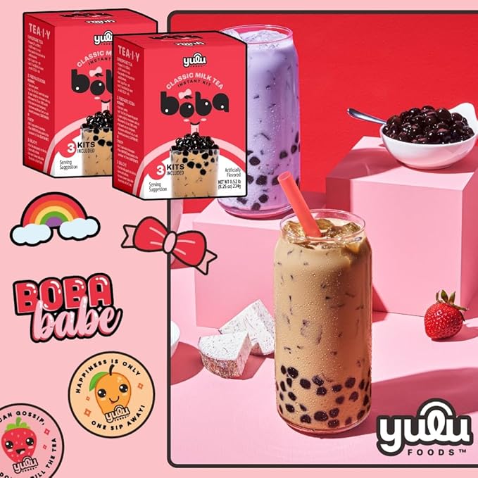 YULU FOODS Instant Bubble Pearl Classic Milk Tea Kit with Authentic Brown Sugar Tapioca Pearls, Ready in Under One Minute, Paper Straws Included – 3 Servings