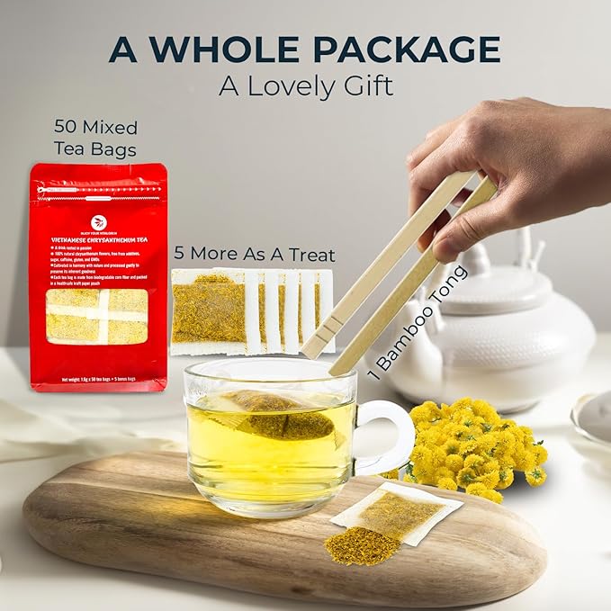 Injoy Your VITALGRI:N Vietnamese Chrysanthemum Tea - 55 Count (+5 Tea Bags) Bamboo Tong Included - 4.23 oz