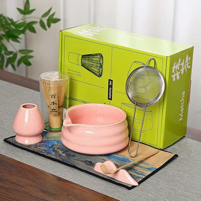 Matcha Tea Ceremony Set with Pink Ceramic Bowl, Bamboo Whisk, Strainer and Mat, 7-Piece Traditional Japanese Style