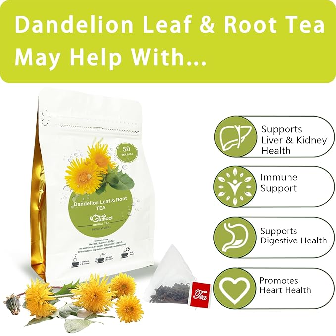 Samcci - Dandelion Leaf & Root Tea bags, 50 Teabags, Natural Roasted Dandelion Herbal Tea for Liver & Kidney Health
