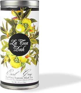 Earl Grey Tea by La Tea Dah, Zesty Gourmet Tea Made with Whole Ceylon Tea Leaves, Bergamot, & Orange Peel, Blended in the USA and Packaged for Gifting, Caffeinated (12 Sachets)