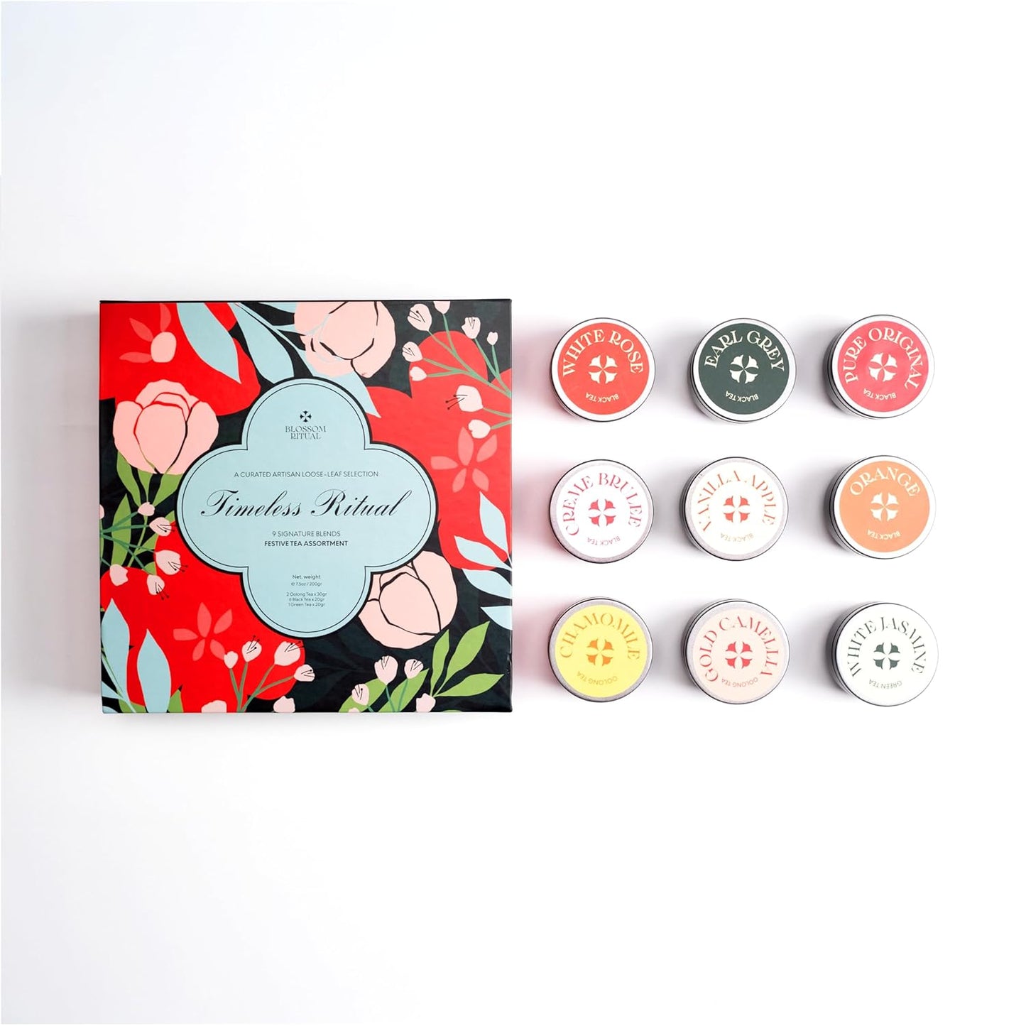 BLOSSOM RITUAL Timeless Ritual Luxury Loose‑Leaf Tea Gift Box – 9 Tin Cans Premium Black, Oolong & Green Tea Assortment – Elegant, Festive & Artisanal