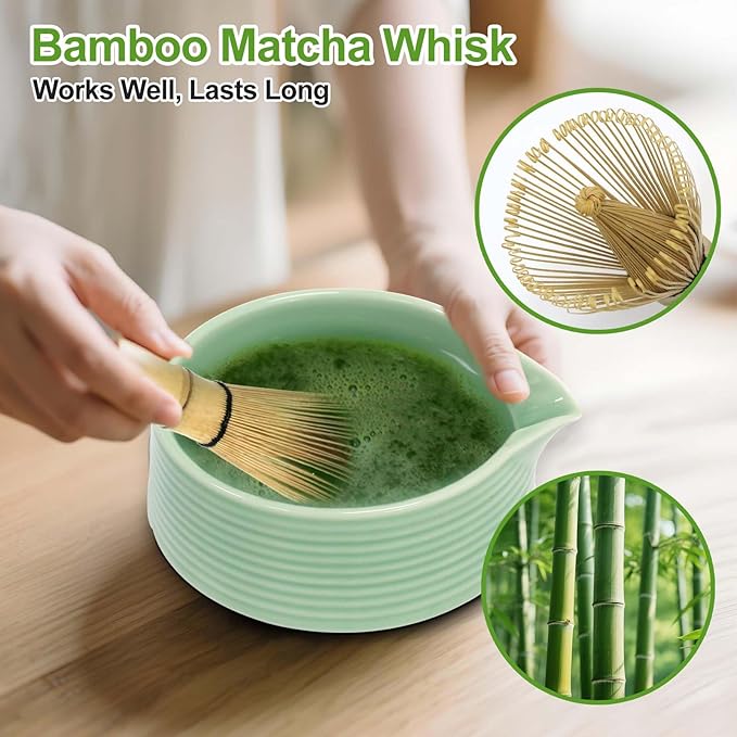 Matcha Whisk Set, 6 Pcs Matcha Set Includes Matcha Bowl with Spout, Matcha Whisk (Chasen), Matcha Whisk Holder, Sifter, Bamboo Spoon & Scoop