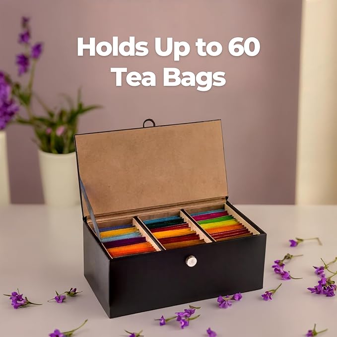 Premium Tea Box Organizer - Elegant Tea Bag Storage Container with 60 Tea Bag Holder Capacity - Vegan Leather Exterior and Velvet Fabric Interior - Black